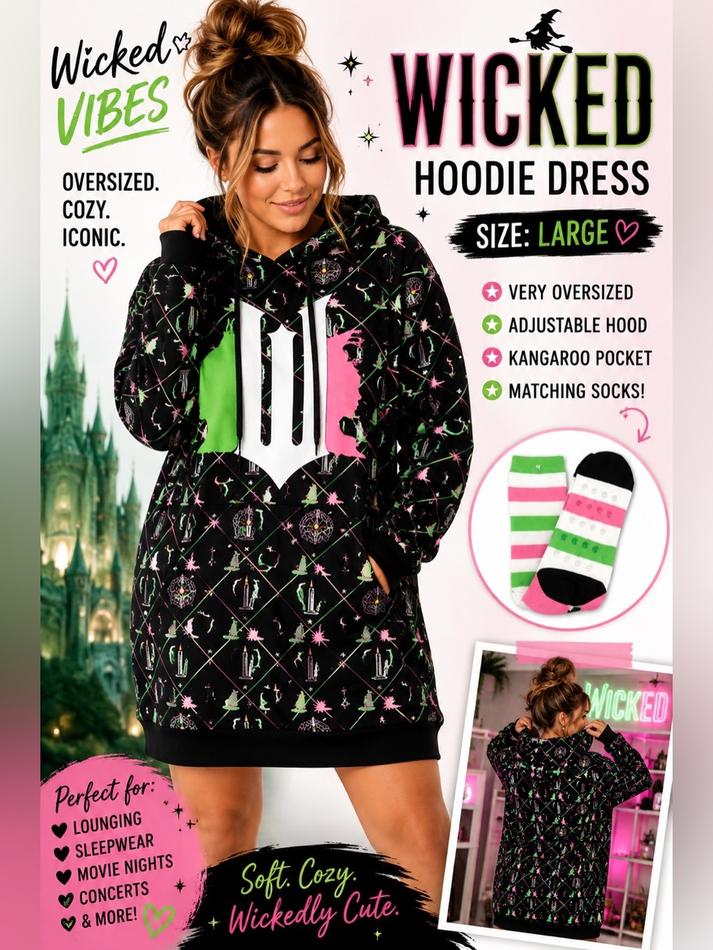 🎃 Wicked Oversized Hoodie Dress Sweatshirt + Matching Socks Size Large